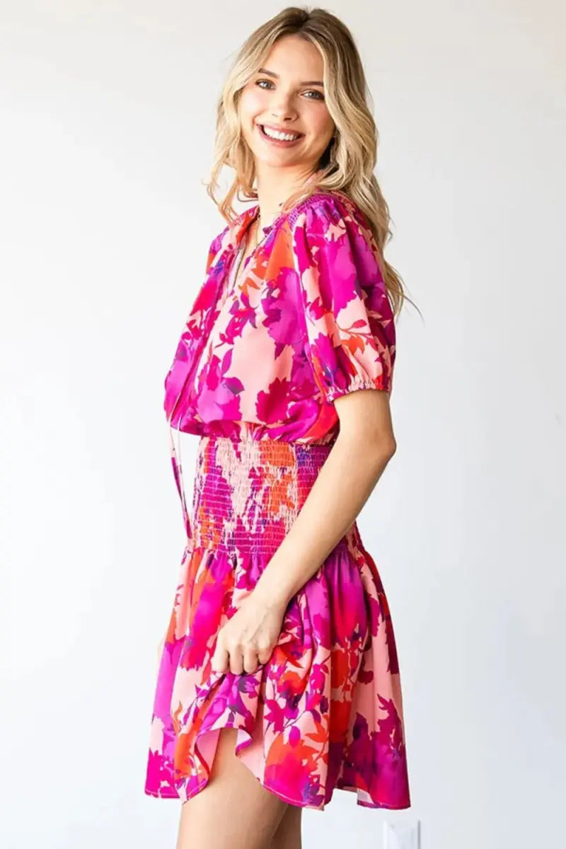 Mini Dress - Floral Smocked Short Sleeve - Casual Summer