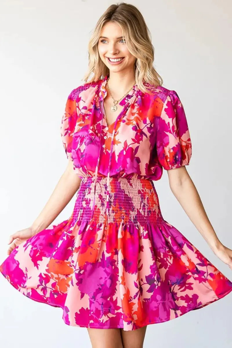 Mini Dress - Floral Smocked Short Sleeve - Casual Summer