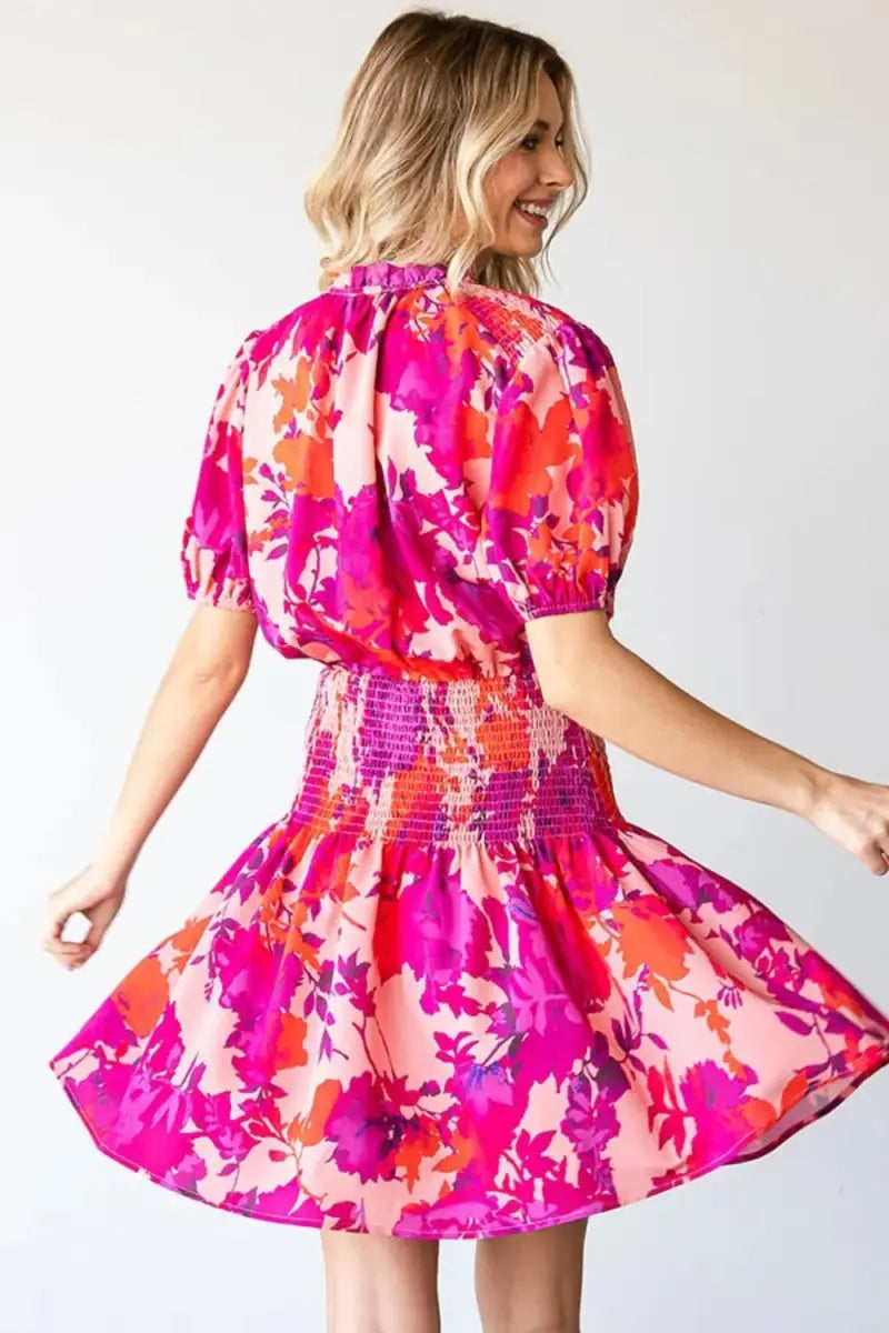 Mini Dress - Floral Smocked Short Sleeve - Casual Summer