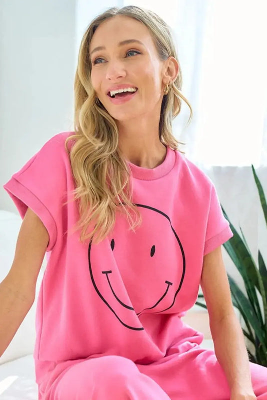 Camisetas Tendencia Camiseta con Cara Sonriente para Mujer, Casual, Hombro Caído, Suave y Cómoda
