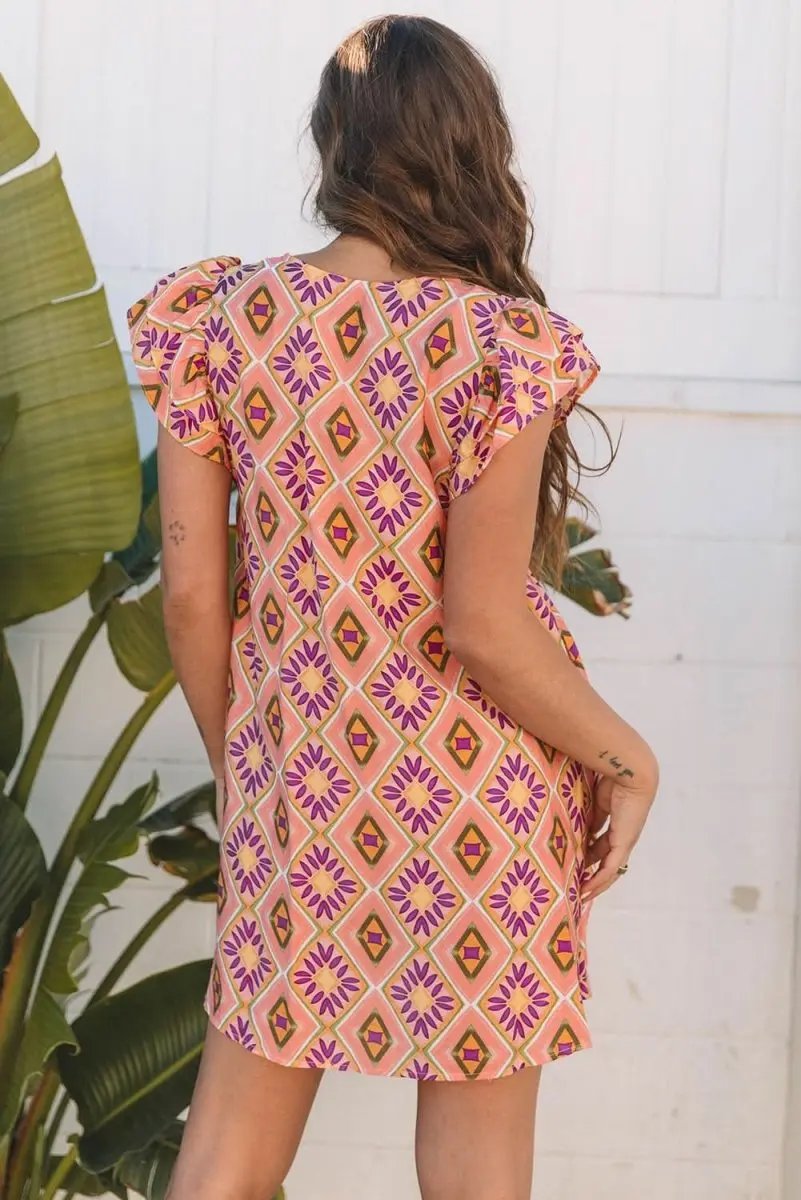 Dresses Love Salve Orange Floral Mini Dress Women's Summer Bohemian Ruffle Sleeve Dress - Flirty & Cute