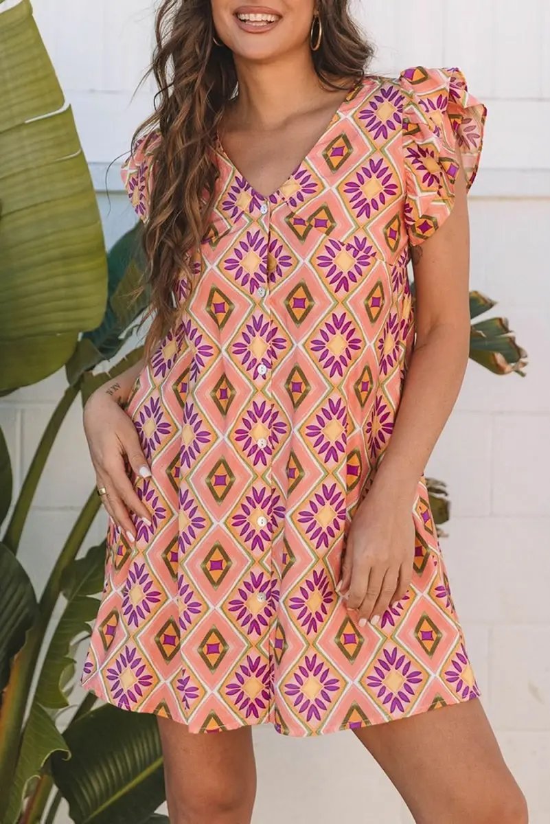 Dresses Love Salve Orange Floral Mini Dress Women's Summer Bohemian Ruffle Sleeve Dress - Flirty & Cute