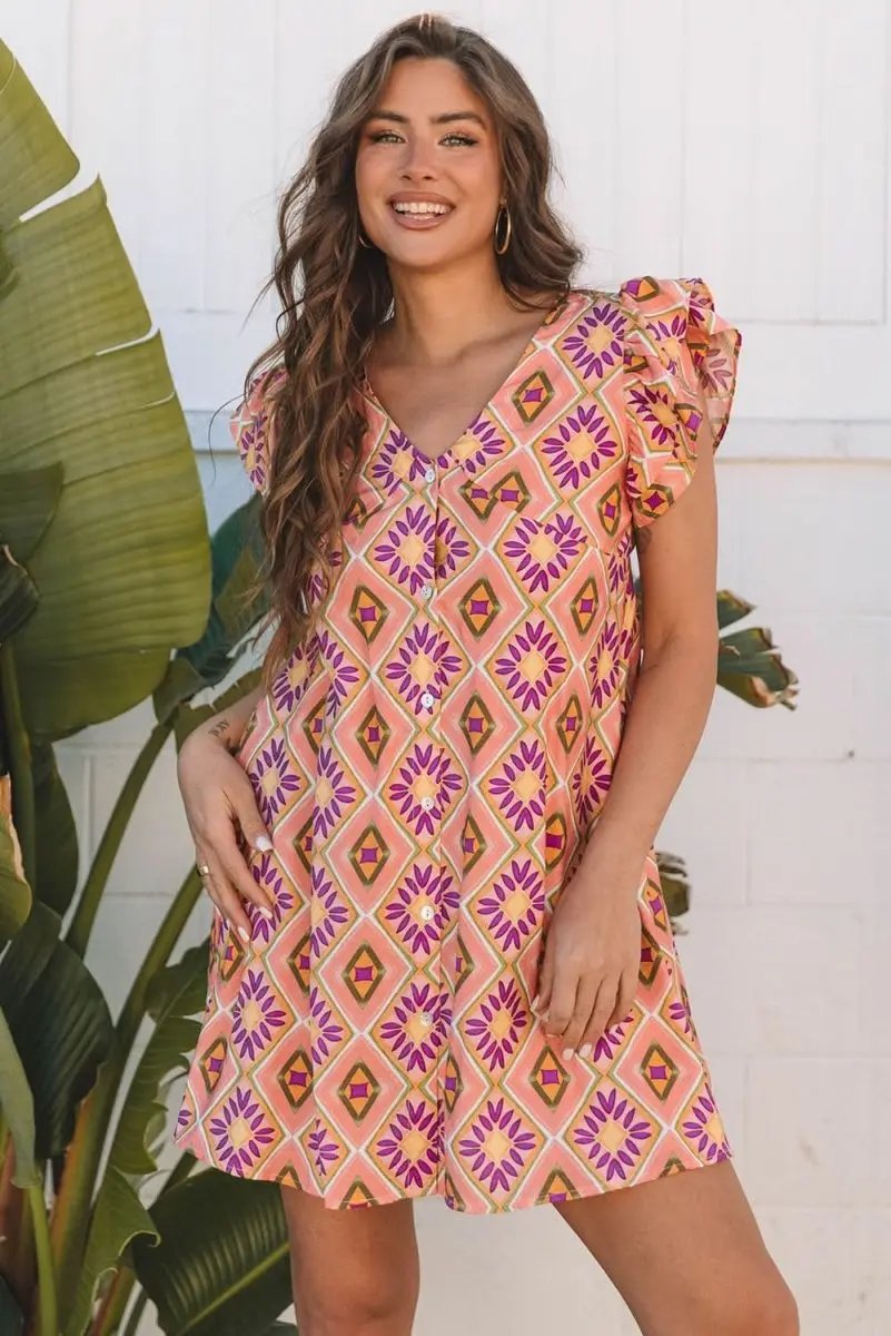 Dresses Love Salve Orange Floral Mini Dress Women's Summer Bohemian Ruffle Sleeve Dress - Flirty & Cute