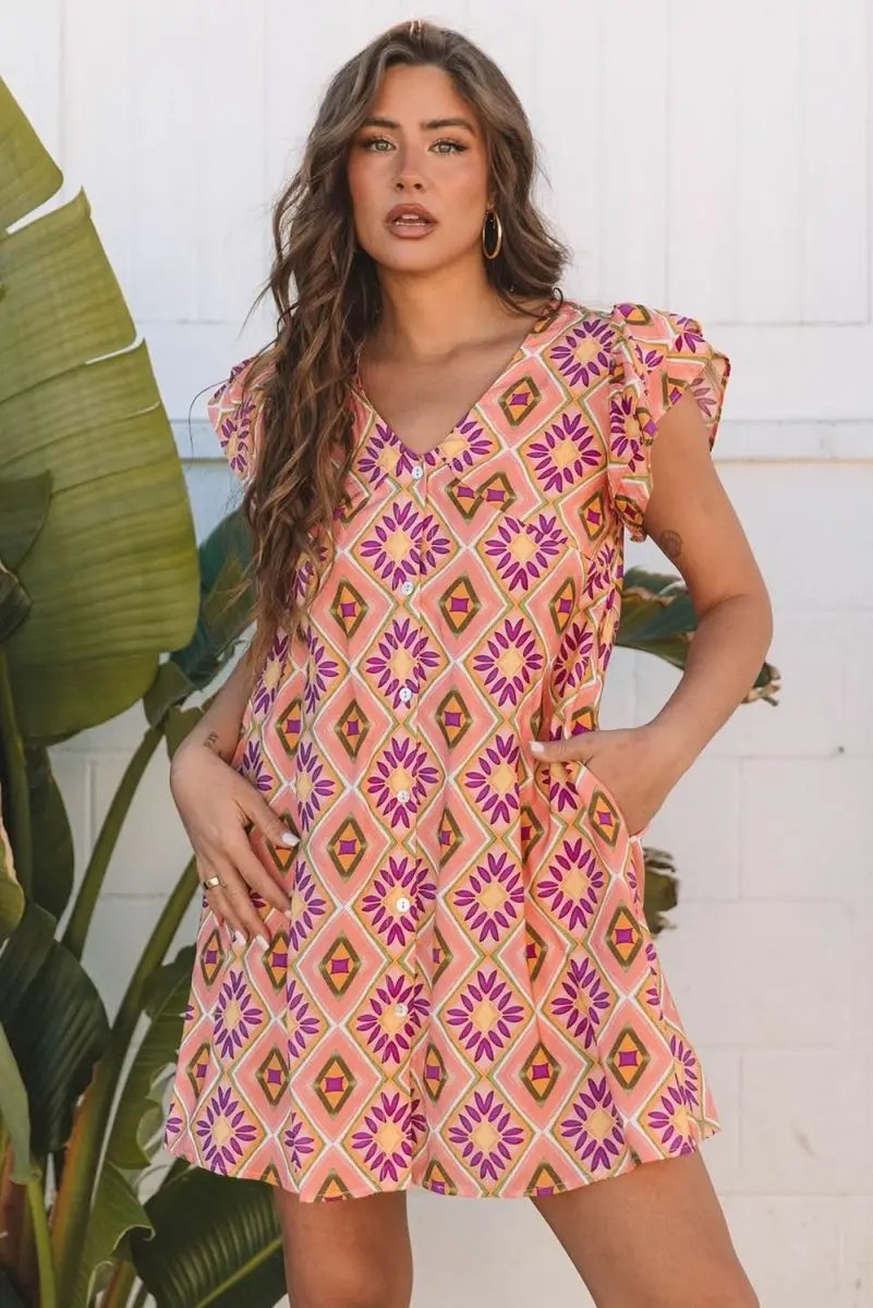 Dresses Love Salve Orange Floral Mini Dress Women's Summer Bohemian Ruffle Sleeve Dress - Flirty & Cute
