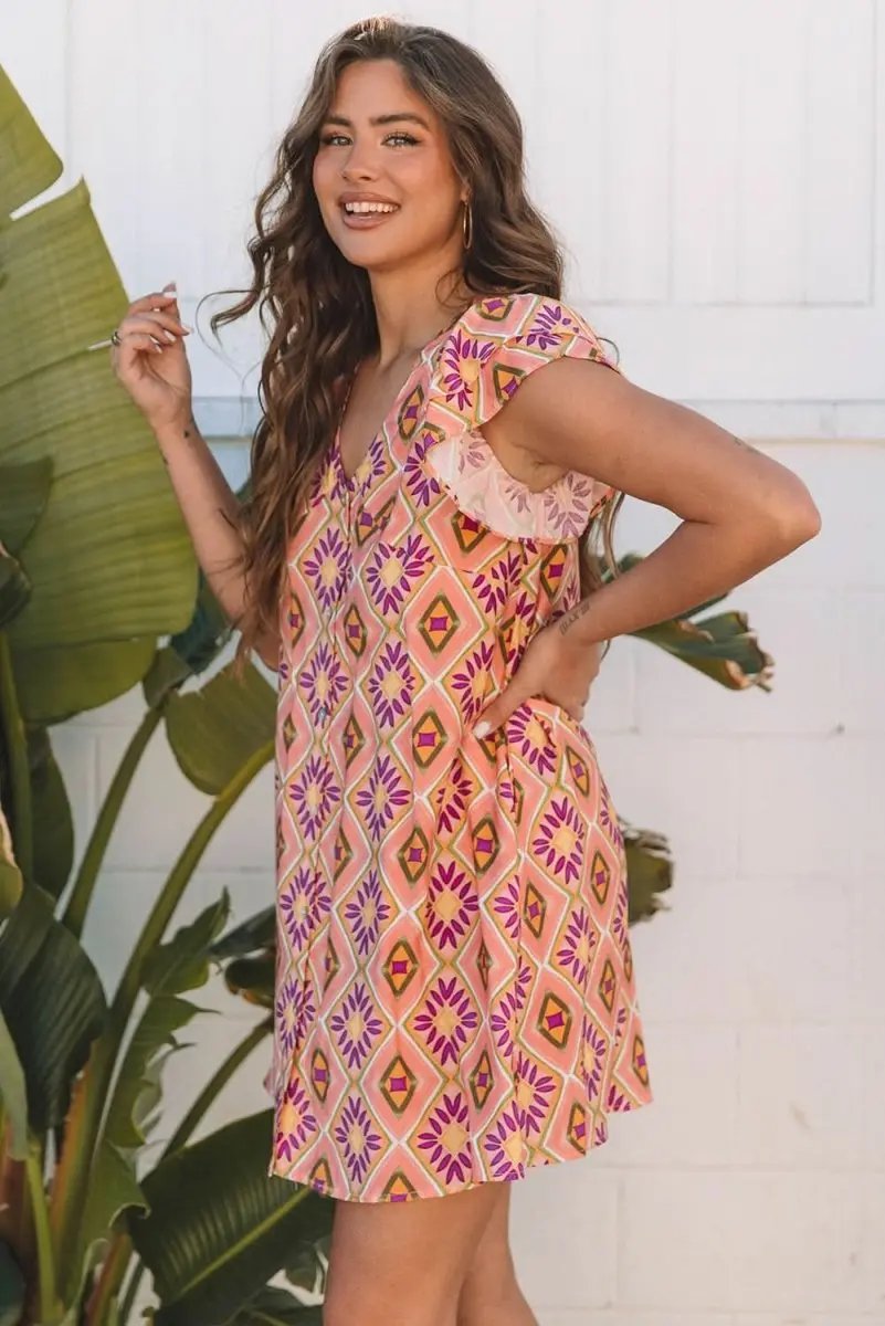 Dresses Love Salve Orange Floral Mini Dress Women's Summer Bohemian Ruffle Sleeve Dress - Flirty & Cute