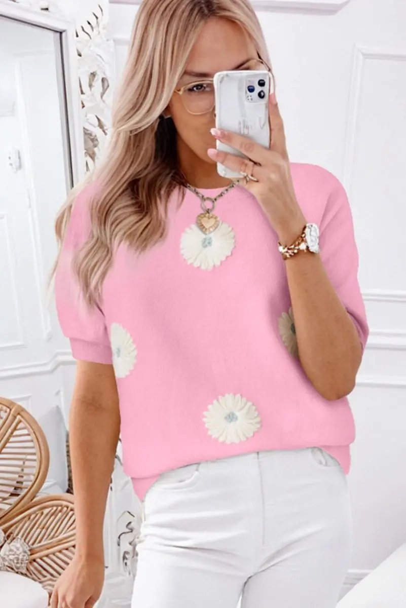 Love Salve Floral Knit Top Short Sleeve — Soft Summer Sweater