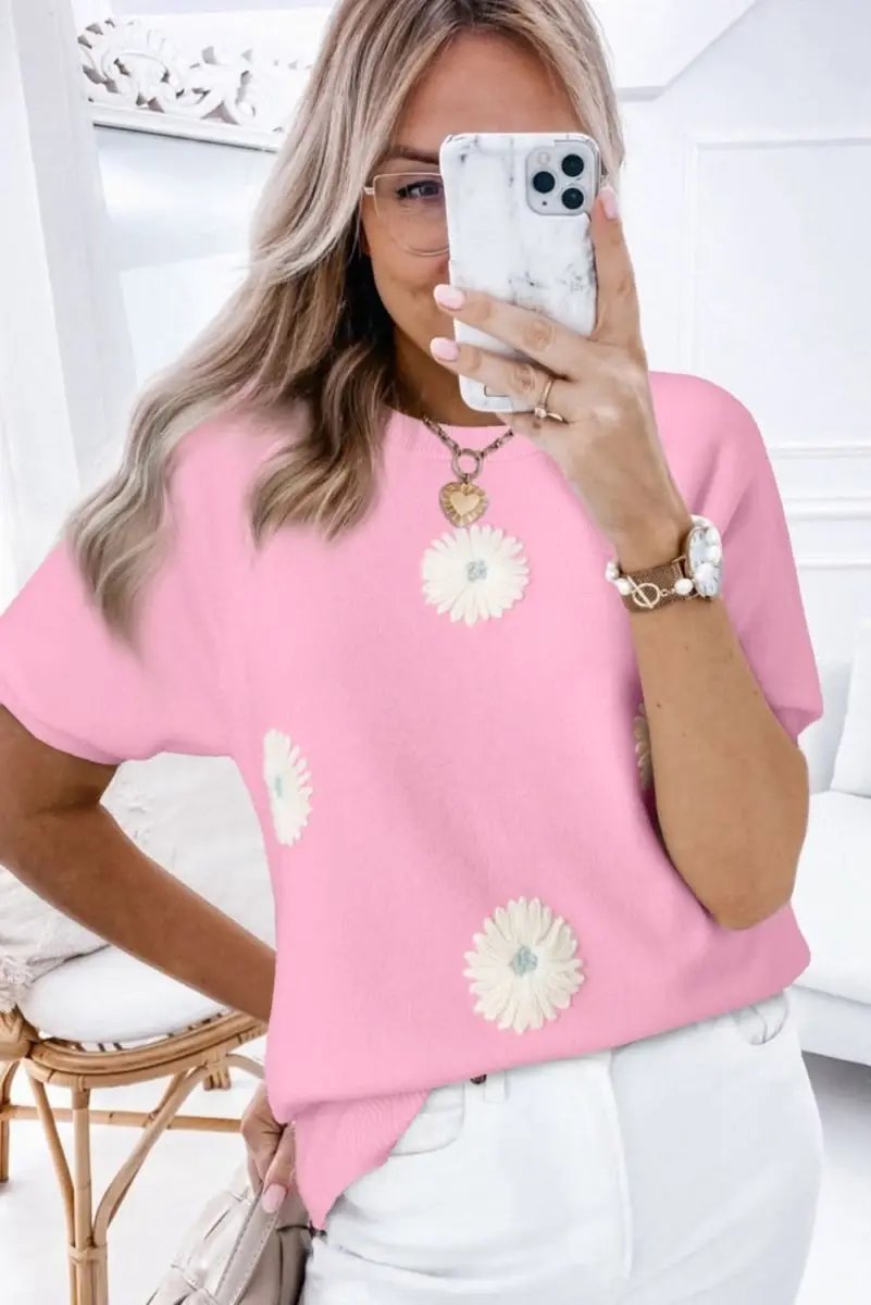 Love Salve Floral Knit Top Short Sleeve — Soft Summer Sweater