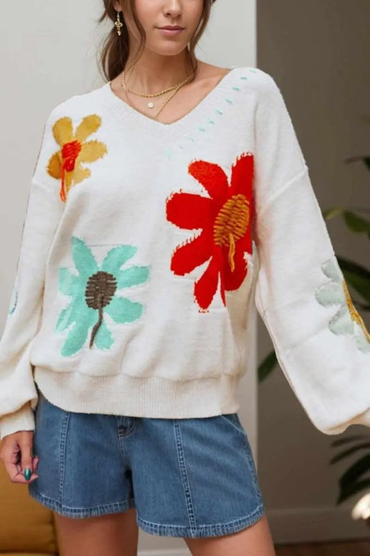 Women's V-Neck Knit Sweater Flower V-Neck Sweater - Comfortable Fit - Fall Fashion Knit Top