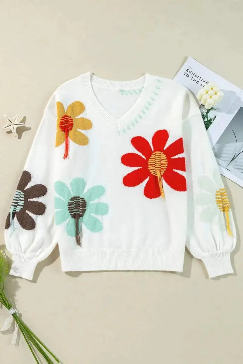 Women's V-Neck Knit Sweater Flower V-Neck Sweater - Comfortable Fit - Fall Fashion Knit Top