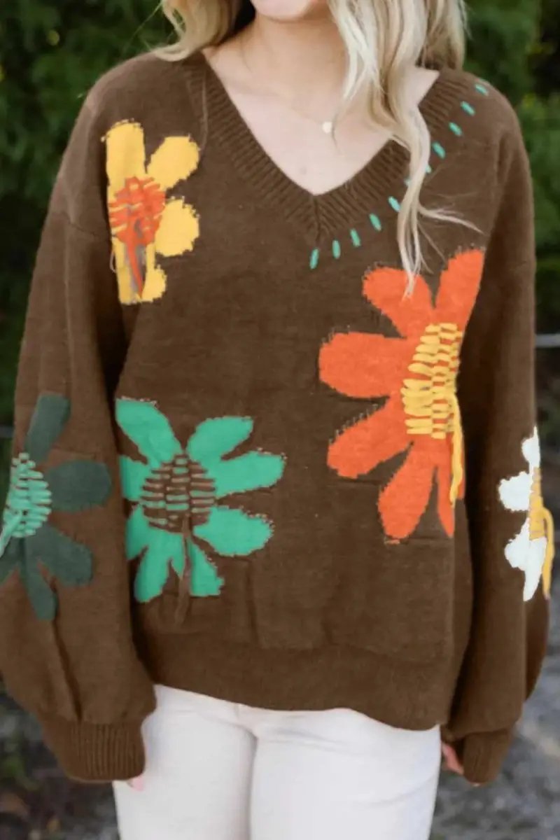 Women's V-Neck Knit Sweater Flower V-Neck Sweater - Comfortable Fit - Fall Fashion Knit Top