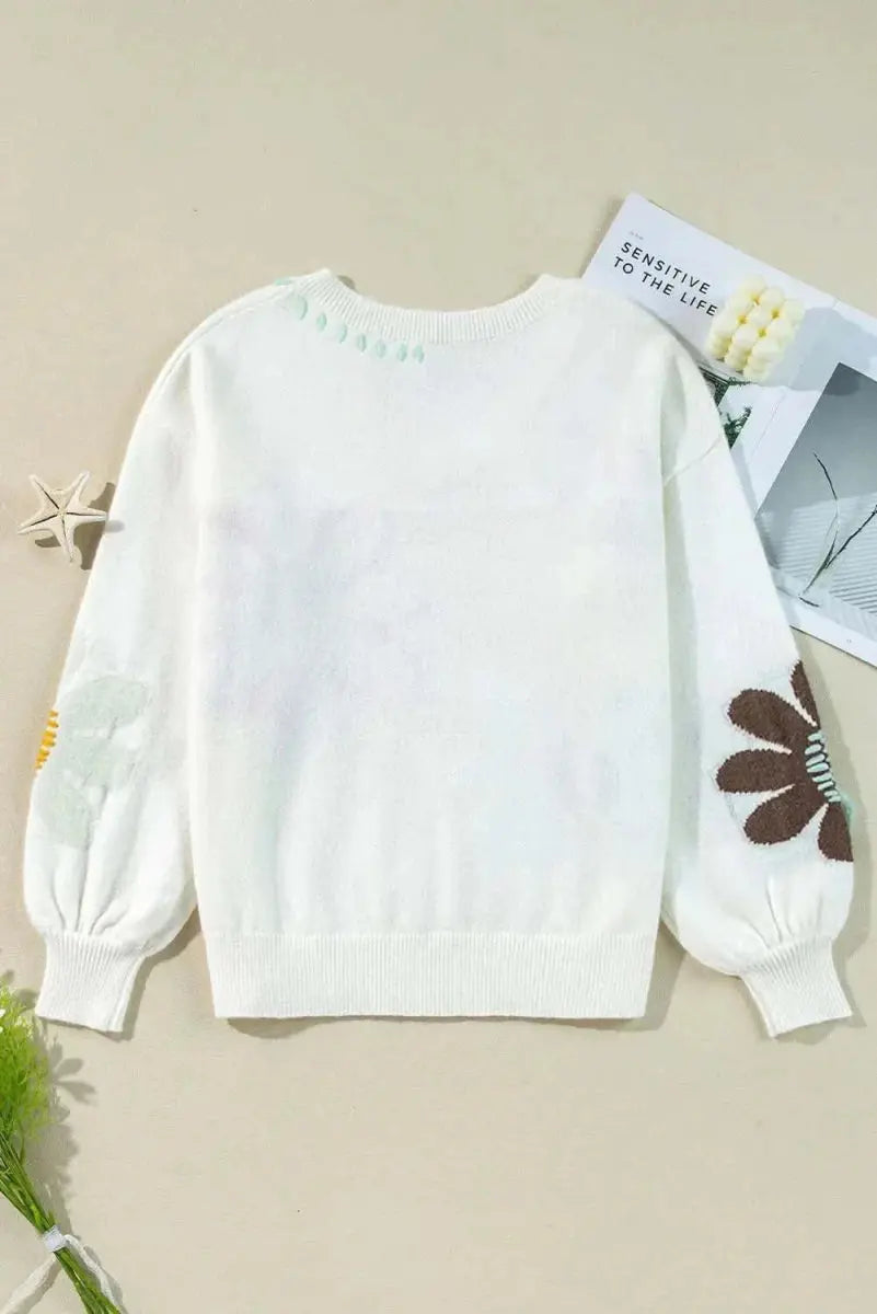 Women's V-Neck Knit Sweater Flower V-Neck Sweater - Comfortable Fit - Fall Fashion Knit Top