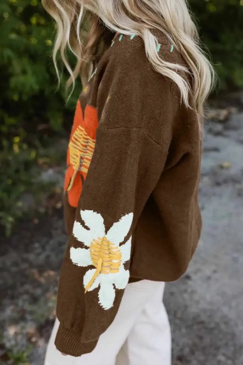 Women's V-Neck Knit Sweater Flower V-Neck Sweater - Comfortable Fit - Fall Fashion Knit Top