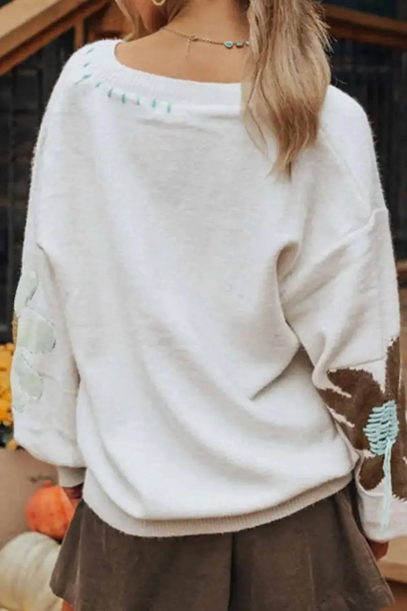Women's V-Neck Knit Sweater Flower V-Neck Sweater - Comfortable Fit - Fall Fashion Knit Top