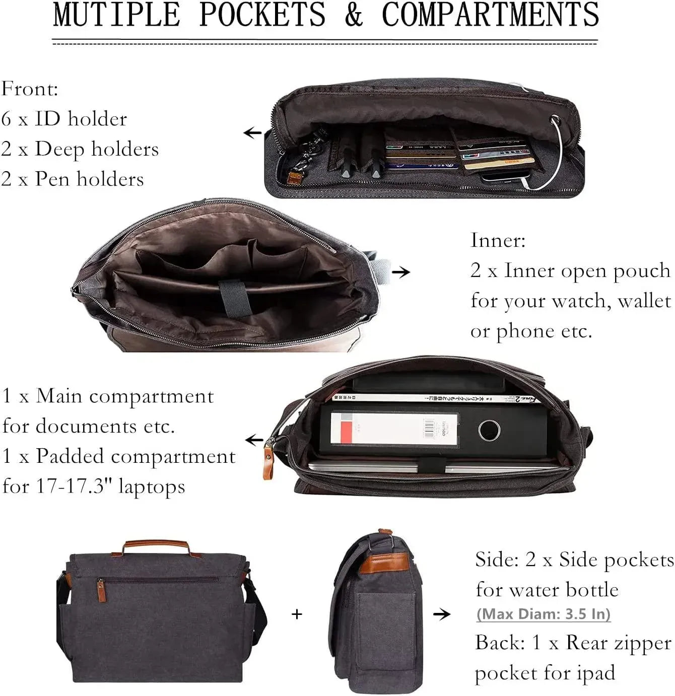 Water-Resistant Canvas Messenger Bag – 17.3″ Laptop Work & Travel Brief