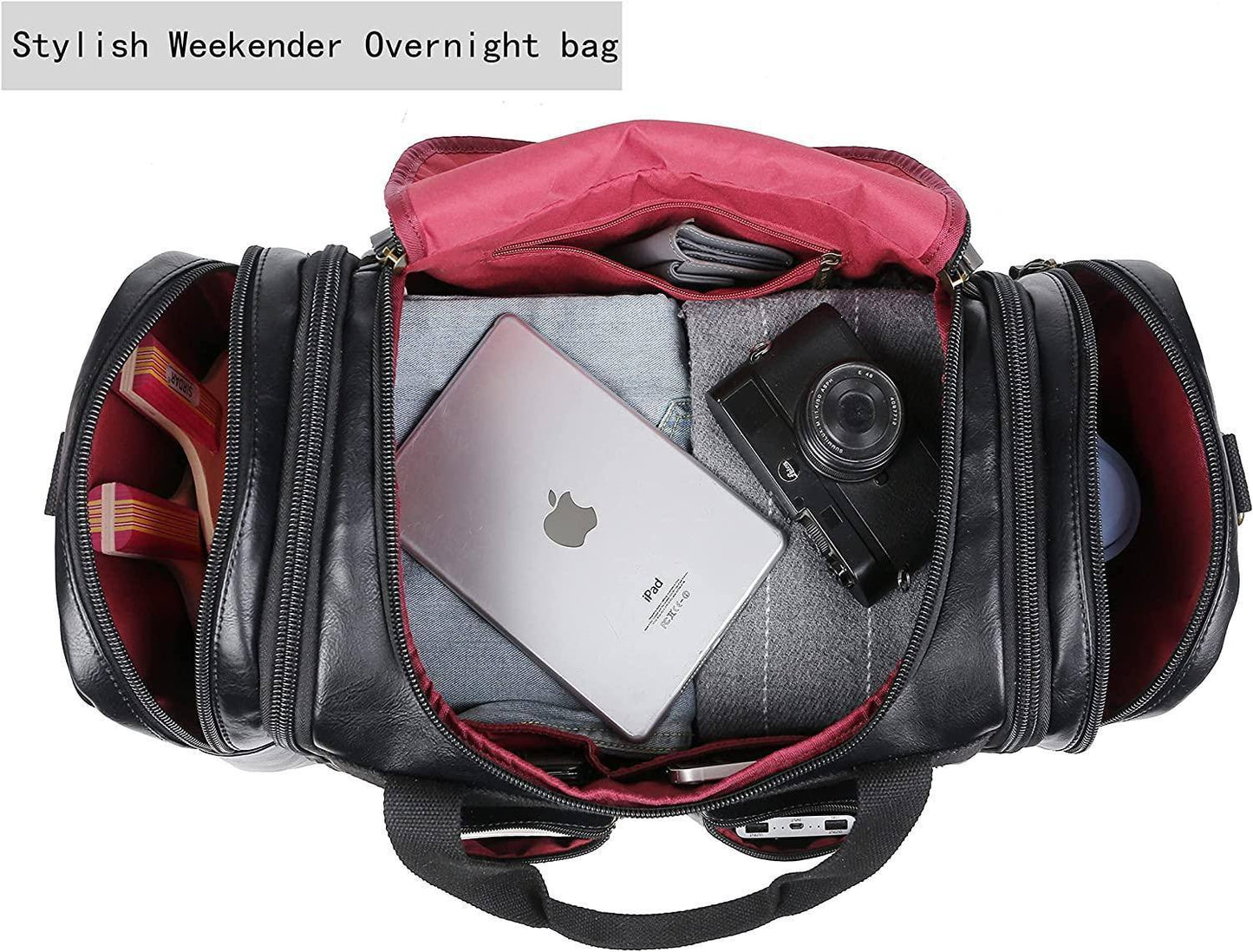 Stylish Leather Travel Duffel Weekender Bag – 40L Expandable Carry-On