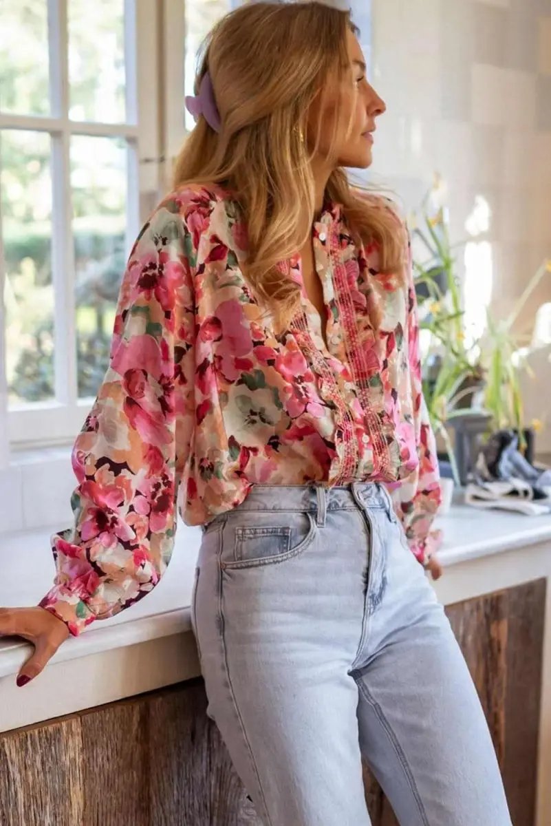 Shirts Trendsi Floral Button Down Women's Shirt Casual Long Sleeve Top Cute Frill Detail