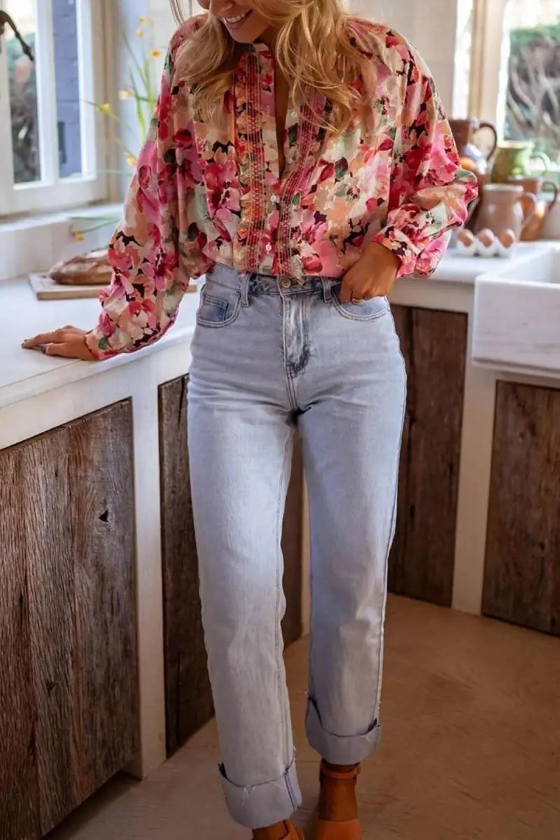 Shirts Trendsi Floral Button Down Women's Shirt Casual Long Sleeve Top Cute Frill Detail