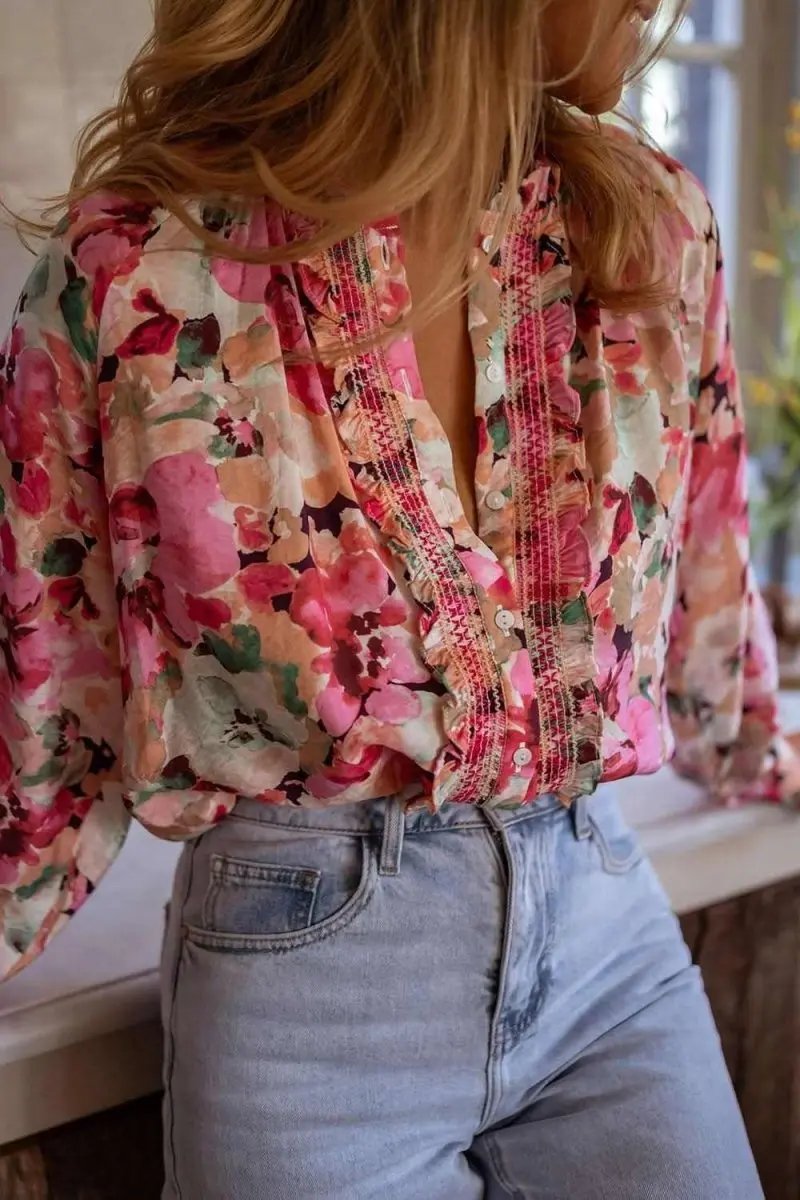 Shirts Trendsi Floral Button Down Women's Shirt Casual Long Sleeve Top Cute Frill Detail