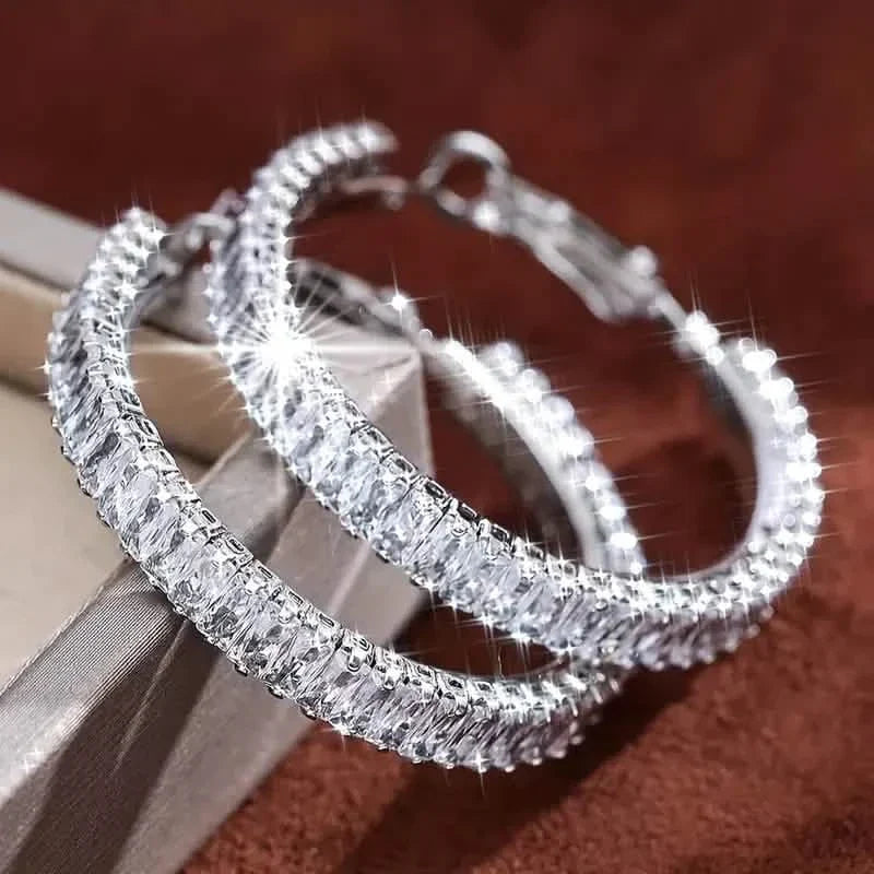 Full Rectangular Shiny Synthetic Zirconia Decorative Hoop Earrings