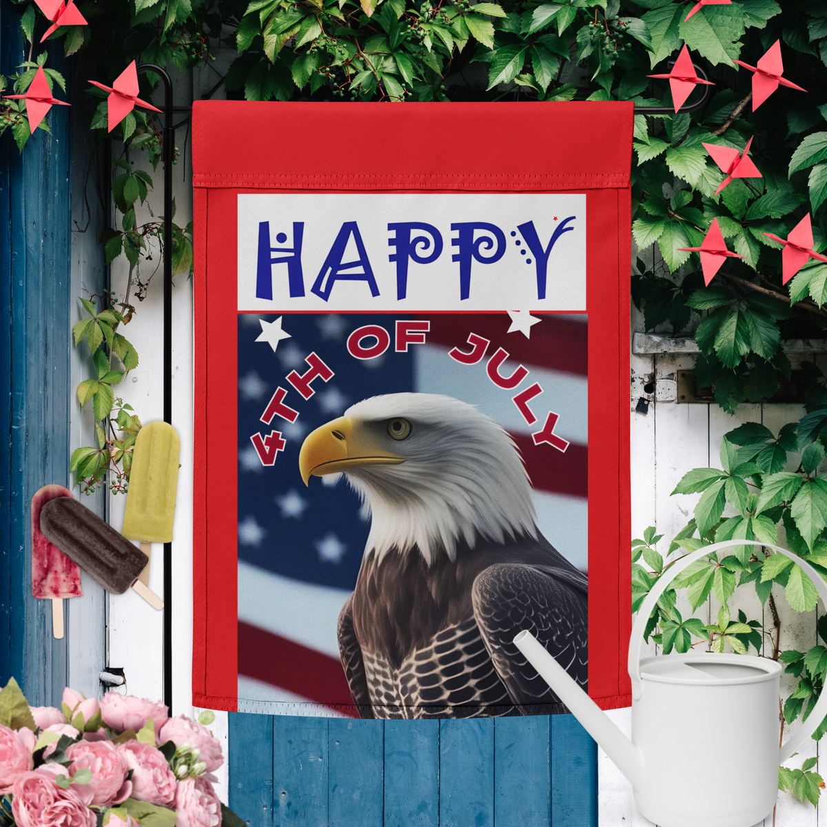 Happy 4th of July with Bald Eagle Garden Flag - 12" x 17"