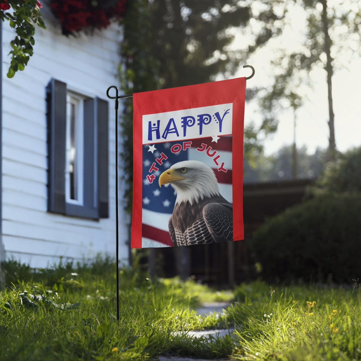 Happy 4th of July with Bald Eagle Garden Flag - 12" x 17"
