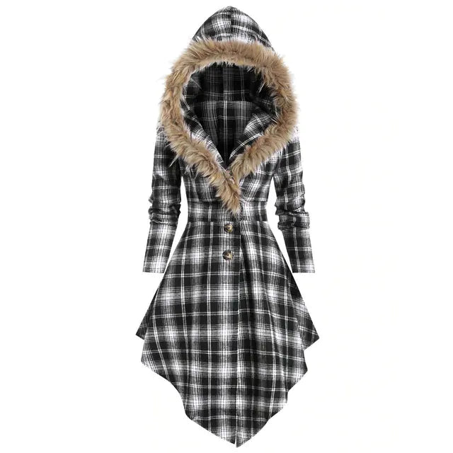 New Women's Winter Plaid Coat with Hood and Belt
