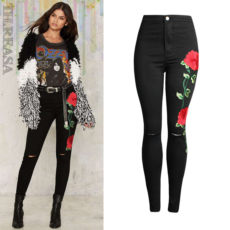 Girls & Women | Embroidered and Ripped Denim Jeans - # GIAA23410030