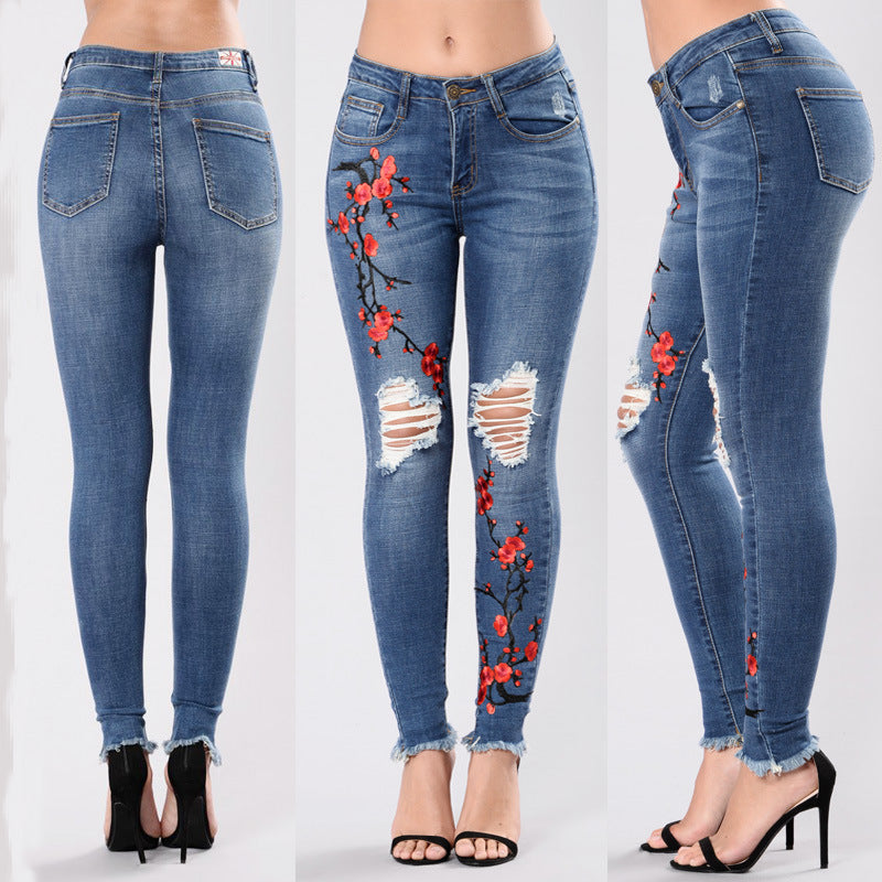 Girls & Women | Embroidered Ripped Denim Long Pants - # GIAA23410029