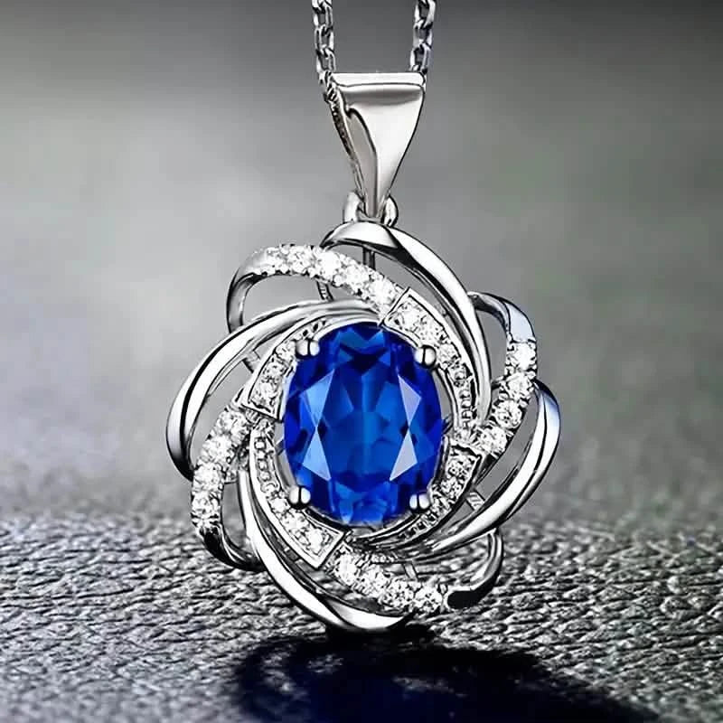 Glass Faux Gemstone Elegant Spiral Flower Pendant Necklace