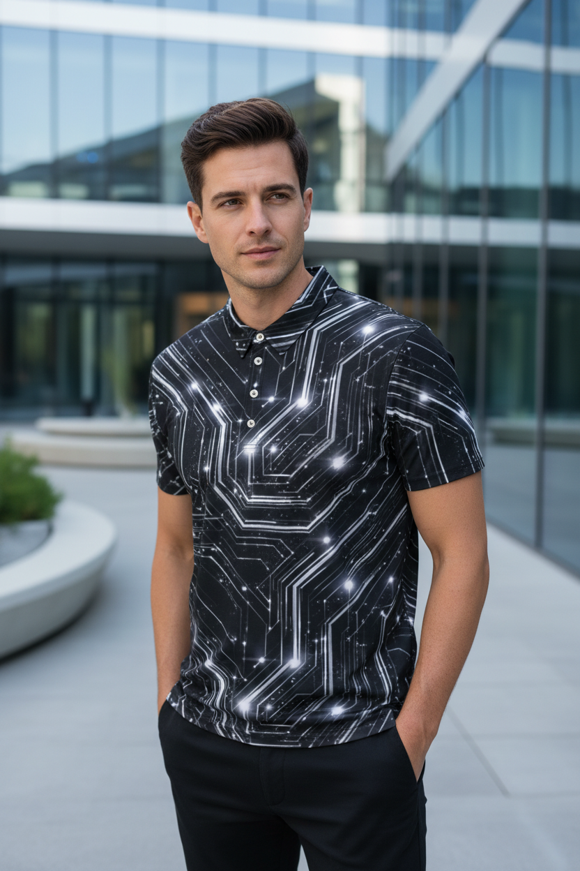 Glitched Circuitry Polo | Black White Tech Pattern Slim Fit