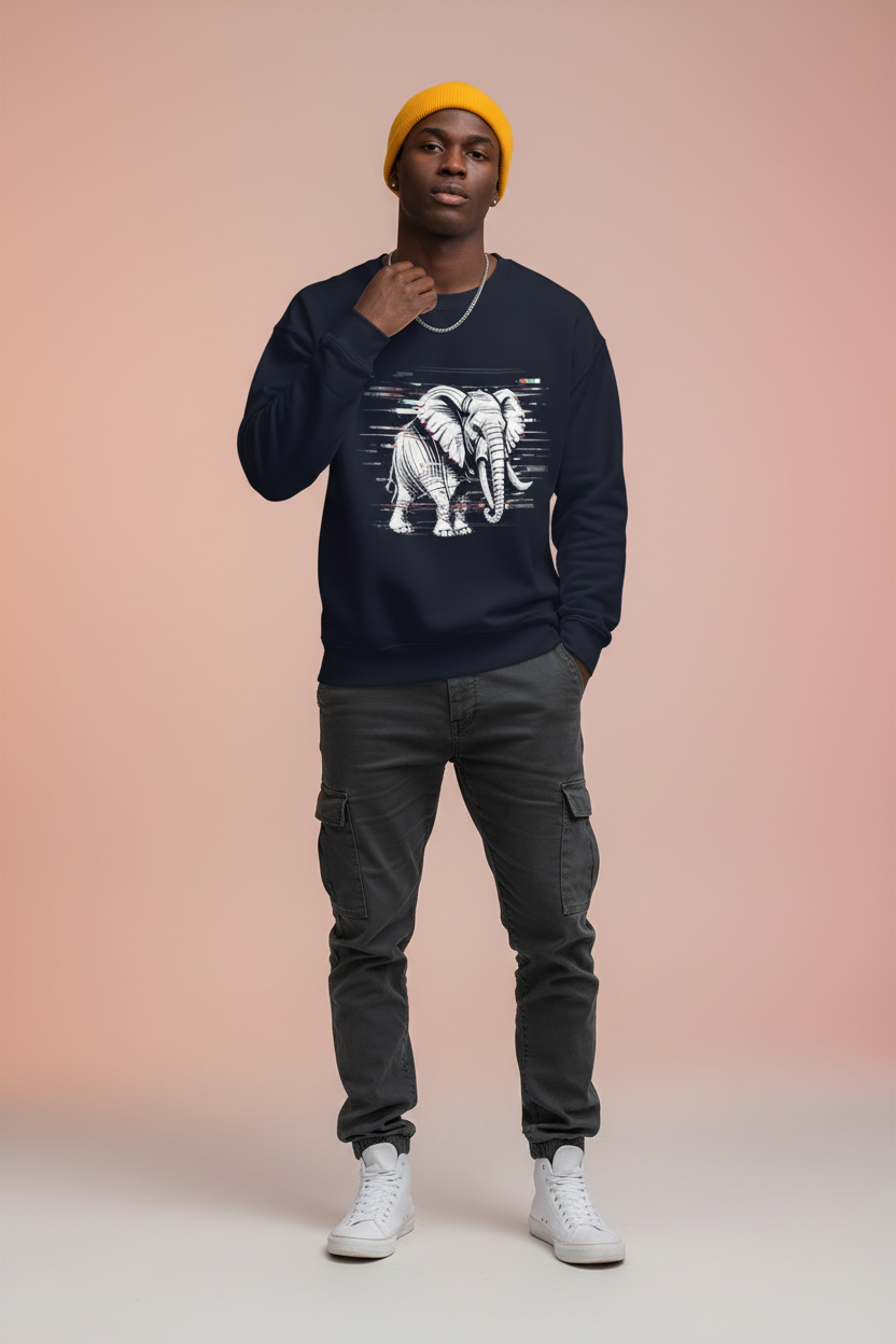 Glitched Elephant Sweatshirt | Black White Abstract Strength Unisex