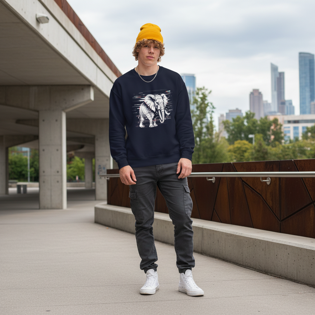 Glitched Elephant Sweatshirt | Black White Abstract Strength Unisex