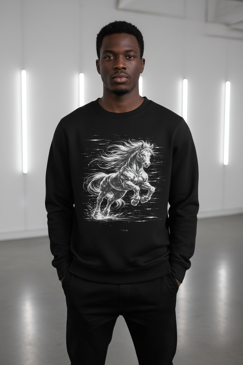 Glitched Horse Sweatshirt | Black White Cyberpunk Motion Unisex