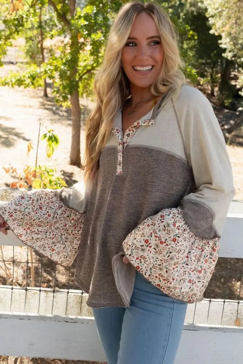 Shirts Love Salve Colorblock Floral Top Women's Boho Henley Top Flared Sleeves, Chic