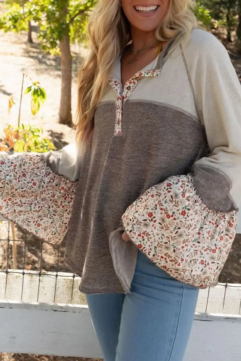 Shirts Love Salve Colorblock Floral Top Women's Boho Henley Top Flared Sleeves, Chic