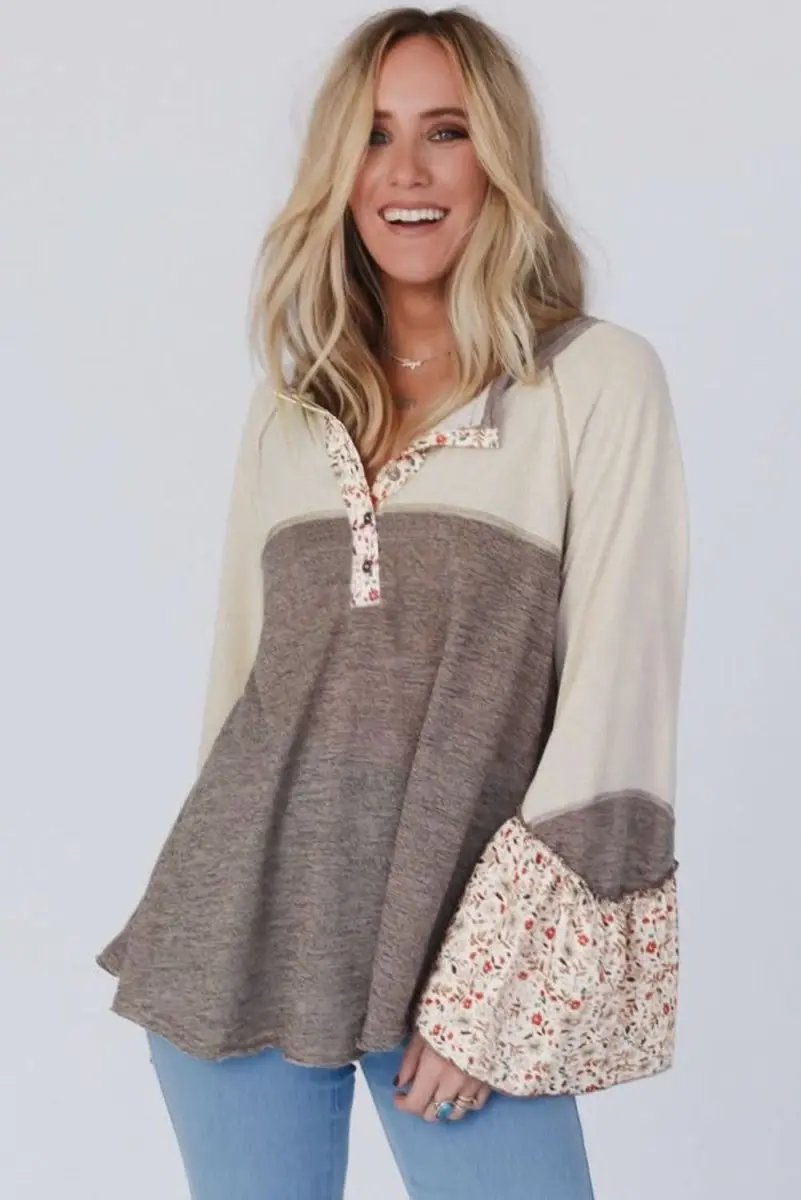 Shirts Love Salve Colorblock Floral Top Women's Boho Henley Top Flared Sleeves, Chic
