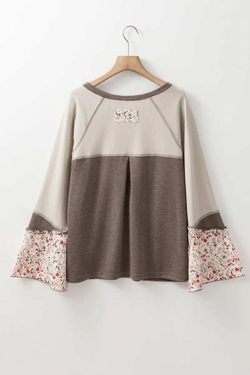 Shirts Love Salve Colorblock Floral Top Women's Boho Henley Top Flared Sleeves, Chic