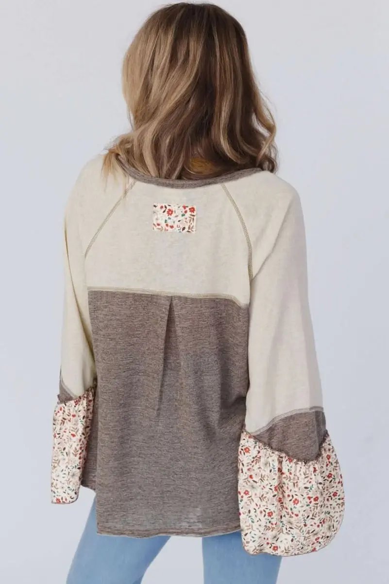 Shirts Love Salve Colorblock Floral Top Women's Boho Henley Top Flared Sleeves, Chic