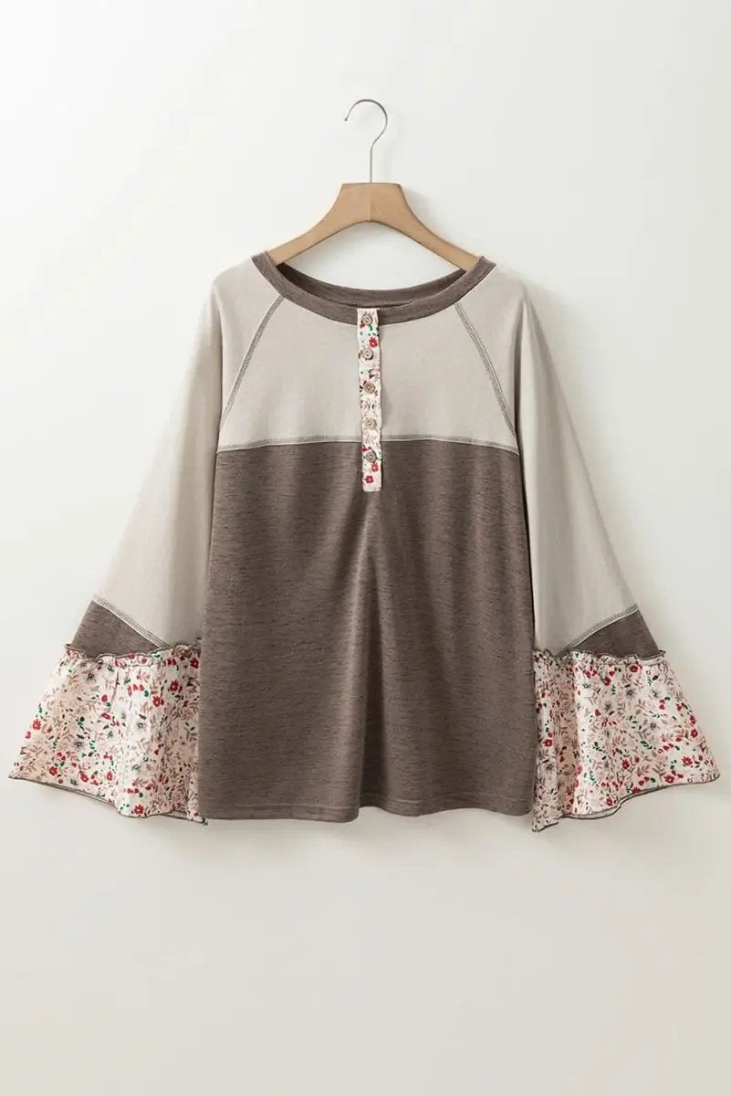 Shirts Love Salve Colorblock Floral Top Women's Boho Henley Top Flared Sleeves, Chic