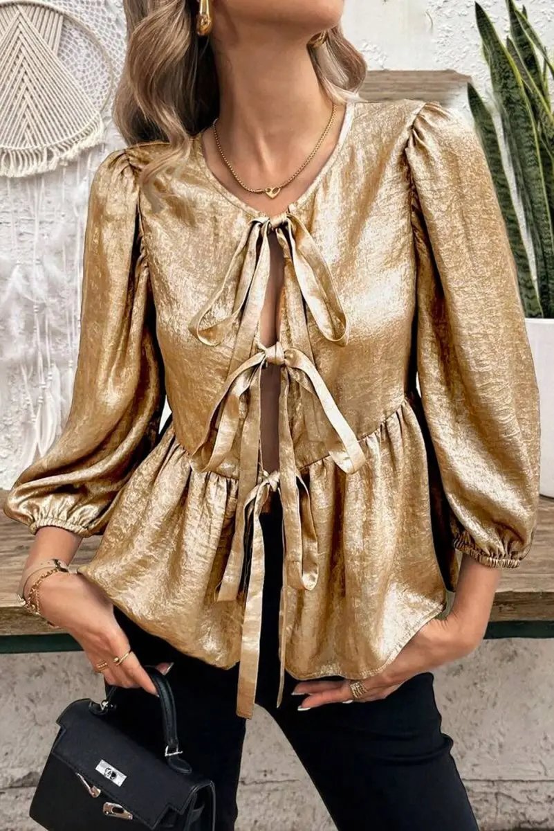 Pants Love Salve Gold Velvet Blouse Women's Daily Elegant Top: Bow Detail, Ruffle Hem