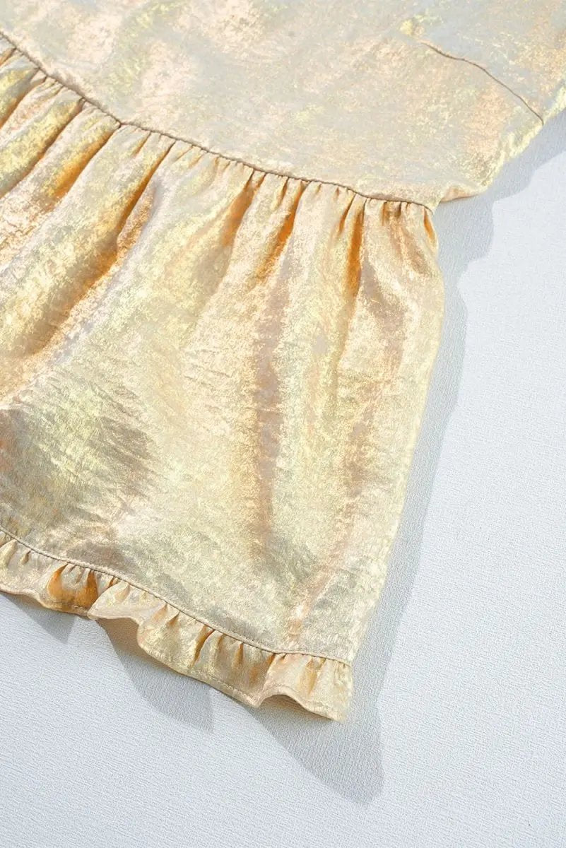 Love Salve Gold Metallic Babydoll Blouse — Puff Sleeve V Neck Top
