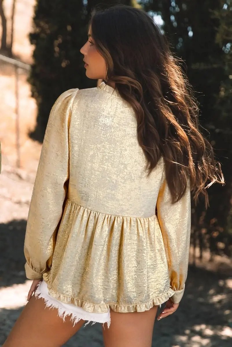 Love Salve Gold Metallic Babydoll Blouse — Puff Sleeve V Neck Top