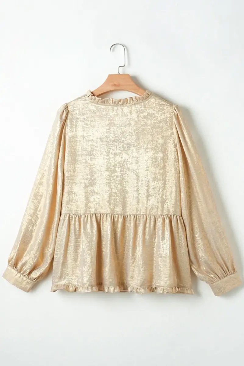 Love Salve Gold Metallic Babydoll Blouse — Puff Sleeve V Neck Top