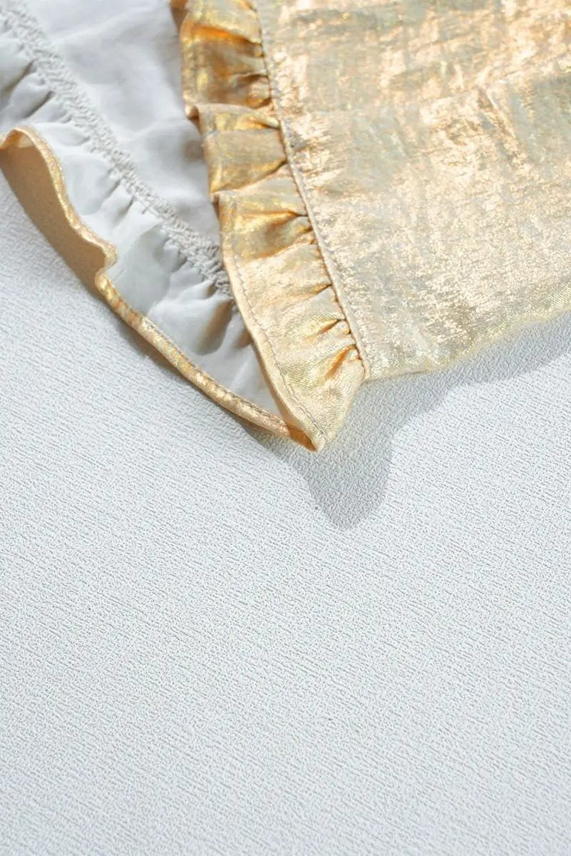 Love Salve Gold Metallic Babydoll Blouse — Puff Sleeve V Neck Top