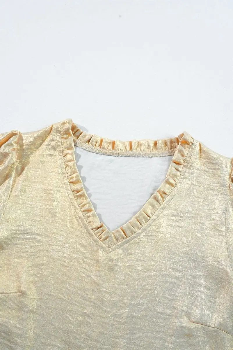 Love Salve Gold Metallic Babydoll Blouse — Puff Sleeve V Neck Top
