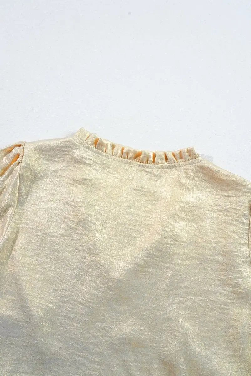 Love Salve Gold Metallic Babydoll Blouse — Puff Sleeve V Neck Top
