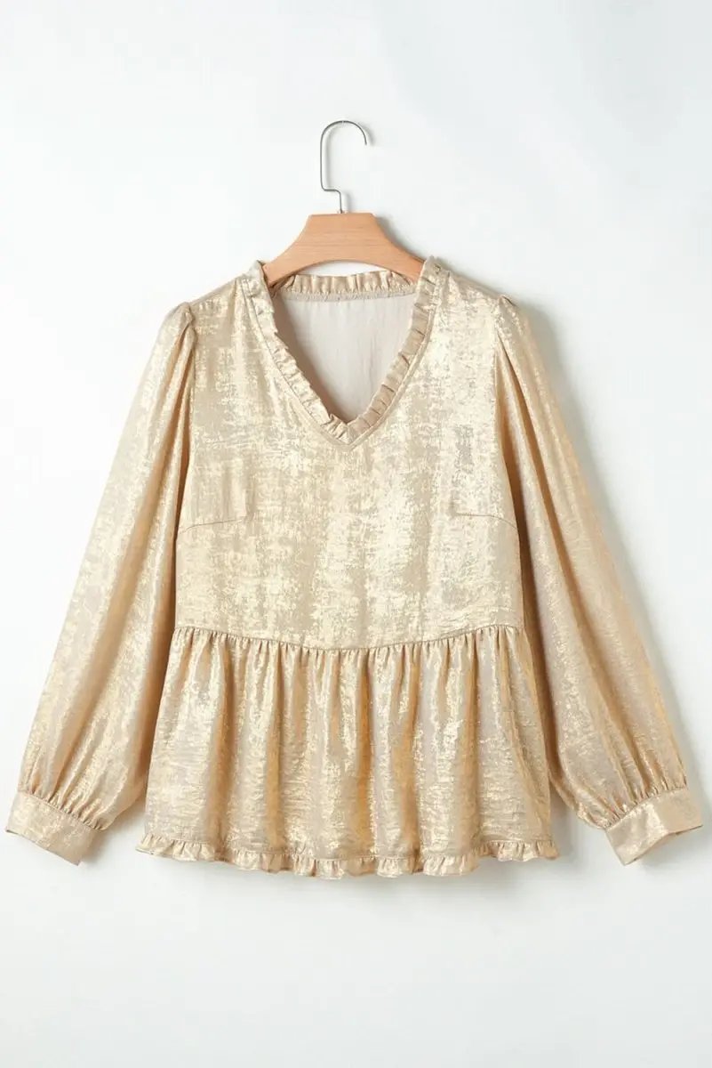 Love Salve Gold Metallic Babydoll Blouse — Puff Sleeve V Neck Top