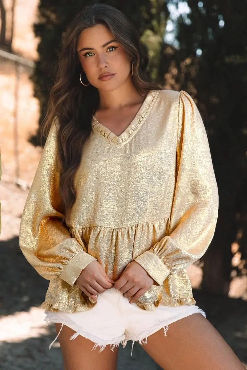 Love Salve Gold Metallic Babydoll Blouse — Puff Sleeve V Neck Top