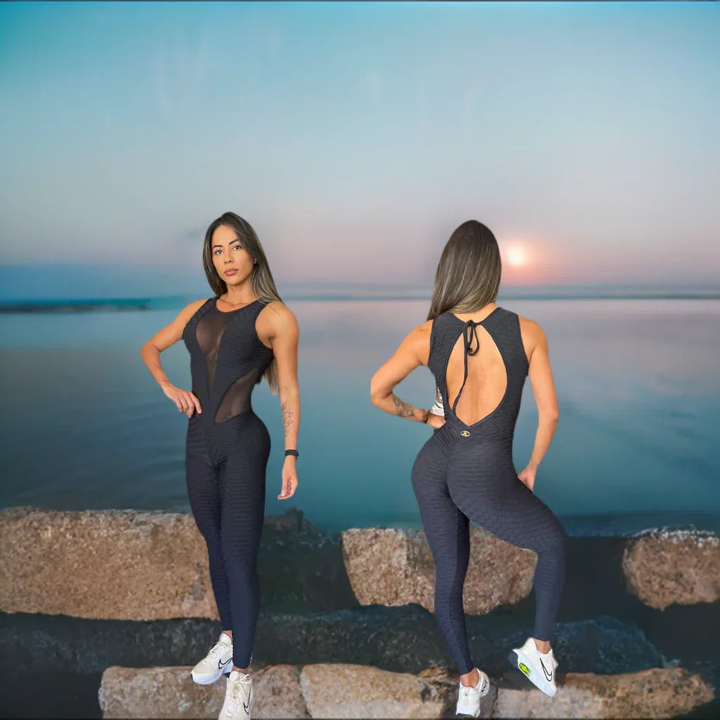 Scrunch Booty Black Wave and Mesh Sexy Jumpsuit
