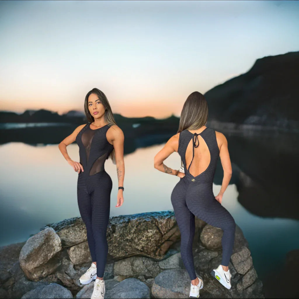 Scrunch Booty Black Wave and Mesh Sexy Jumpsuit
